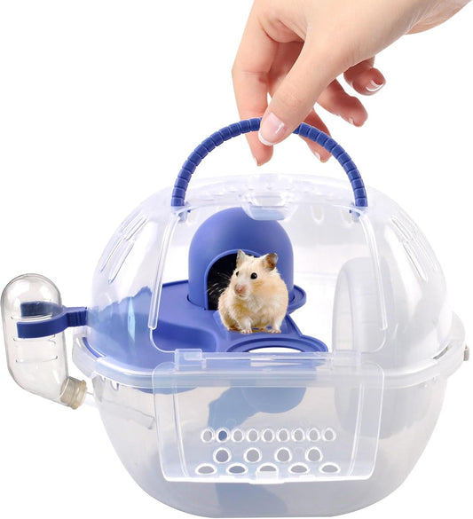 Hamster Carrier with Water Bottle,Portable Hamster Travel Cage,Breathable Rat Travel Carrier with Exercise Wheel Food Plate Acrylic Small Animal Carrying Case for Little Rats Mice (Blue)