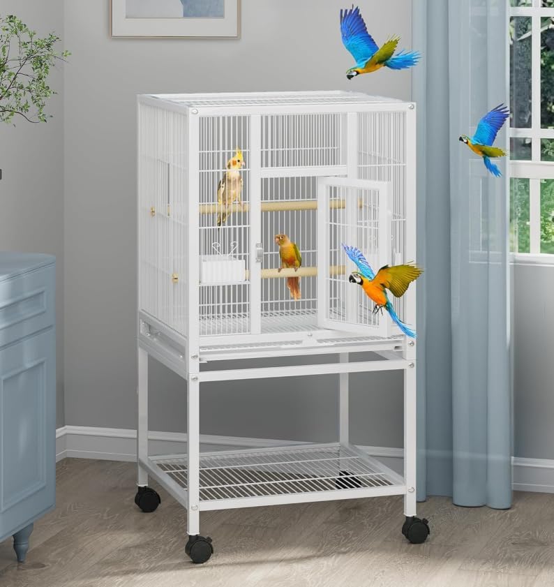 GarveeHome Small Bird Cage with Wheels, 44 Inch Parakeet Cage with Top Stand, 3 in 1 Bird Carrier for Parakeets, Canaries, Lovebirds, Small Quaker, Cockatiels, Budgie, Green Cheek (41in)