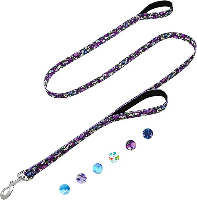 4ft Dog Leash with Two Padded Handles, Cute Girl Dog Leash with Soft Dual Handle, Walking Training Lead for Small Medium Large Dogs, Purple Floral