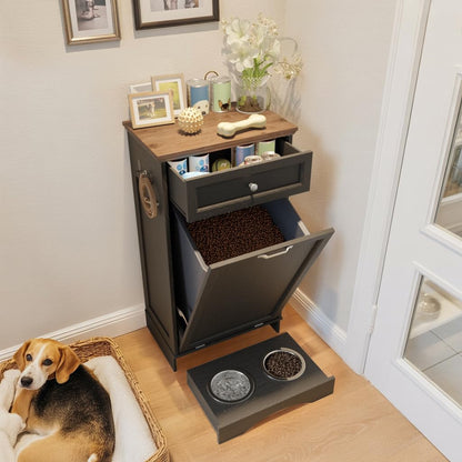 FIMELLO Dog Feeding Station, Tilt-Out Dog Food Storage Cabinet with Drawer,Pet Feeder Cabinet,Black Grain