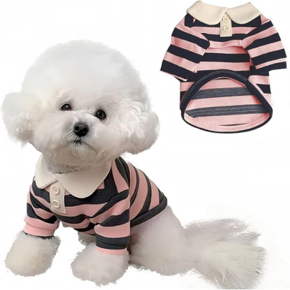 MANON ROSA Cute Dog Clothes Boy Dog Polo Shirt for Small Medium Dogs - Summer Male Puppy T Shirts for Yorkie Poodle Shih Tzu Dachshund Kittens, Striped Collared Pet Doggie Designer Outfits Pink XL