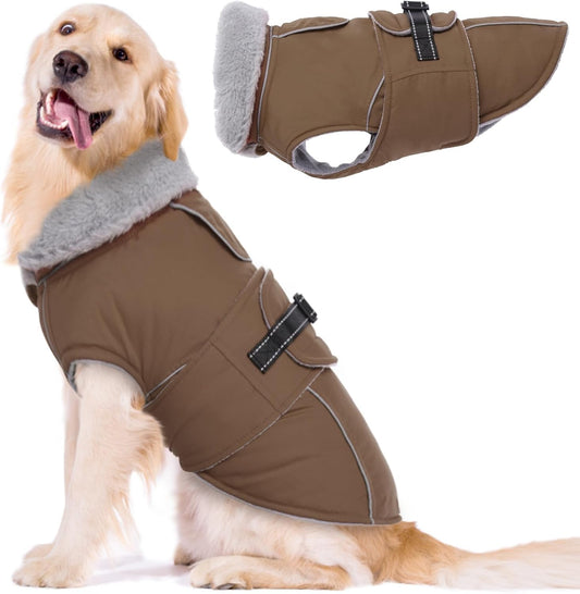 Lelepet Warm Dog Coats for Large Dogs Waterproof Dog Jacket Reflective Pet Fleece Vest Windproof Cold Weather Coats with Adjustable Buckle & Leash Hole, Brown, XXL