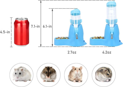 Wontee 3 in 1 Hamster Water Bottle Small Pet Automatic Water Dispenser with Food Container Base Hideout for Dwarf Hamster Mice Gerbils, 2 Pack (Blue, 80ML)