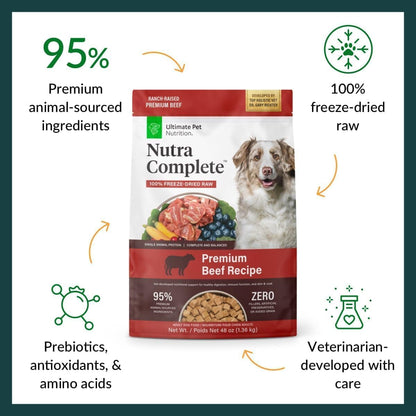 ULTIMATE PET NUTRITION Nutra Complete, 100% Freeze Dried Raw Veterinarian Formulated Dog Food with Antioxidants Prebiotics and Amino Acids (3 Pound (Pack of 4), Beef)