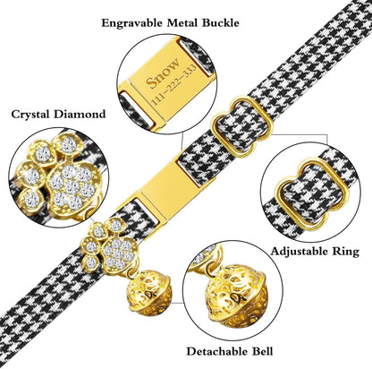 Personalized Breakaway Cat Collars - Magnetic Buckle, Bell - Safety Quick Release, Customized for Girls & Boys Cats- (Houndstooth-Black)