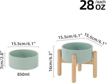 Ceramic 6.1inch Raised Dog Bowl with Stand for Small and Medium Dog Dish Pet Food and Water Bowl (Single Bowl with Stand - Light Green)