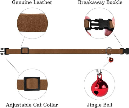 Breakaway Cat Collar Leather with Removable Bell - 13 Colors Available - Soft Adjustable Girl Boy Safety Lightweight Pet Kitten Collars Pink Brown Blue Green Red Orange Black (Cognac)