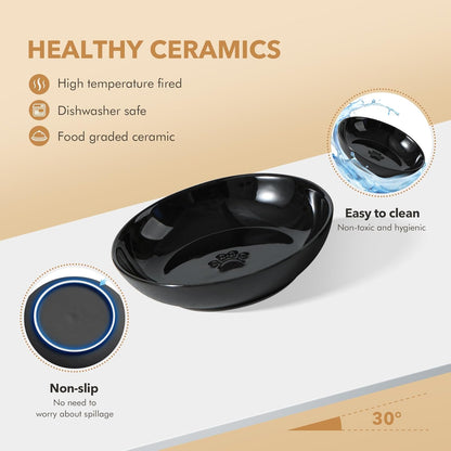 Raised Ceramic Cat Dishes, Food& Water Bowl with 2 Style Stand Adjustable Raised Pet Bowl Set, Anti Whisker Fatigue(2Dish+2Shallow Dish+Stand, Black