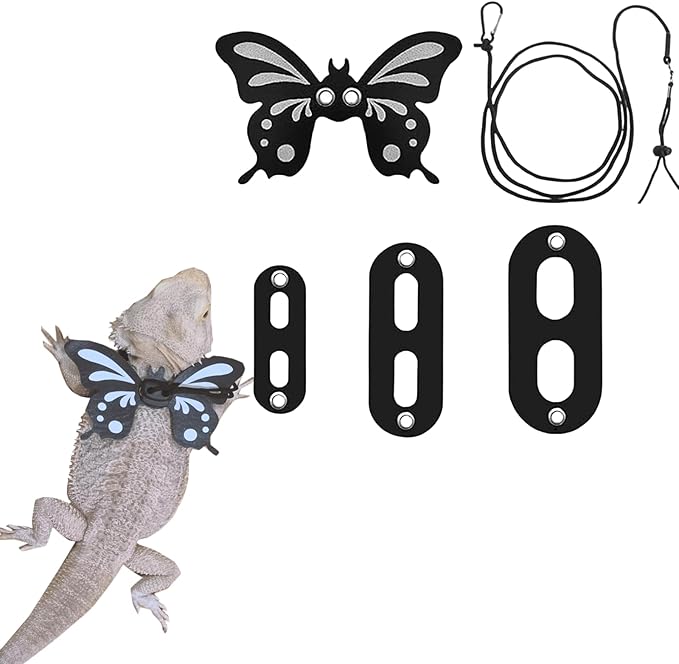 Bearded Dragon Leash and Harness - Adjustable 3 Size Pack Leather Butterfly Wings Harness Set, Lizard Costume Outdoor Walking Lead Control Rope for Iguana Gecko (Black)