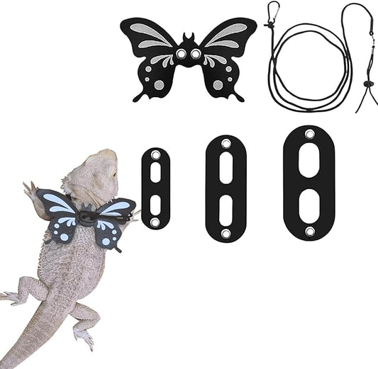 Bearded Dragon Leash and Harness - Adjustable 3 Size Pack Leather Butterfly Wings Harness Set, Lizard Costume Outdoor Walking Lead Control Rope for Iguana Gecko (Black)