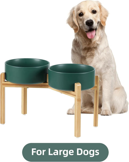 Ceramic Raised Double Bowls Set with Stand, Food & Water Bowls for Large Breed Dogs, Weighted Dog Dishes, Pet Bowl(8.2'',60OZ, Green)