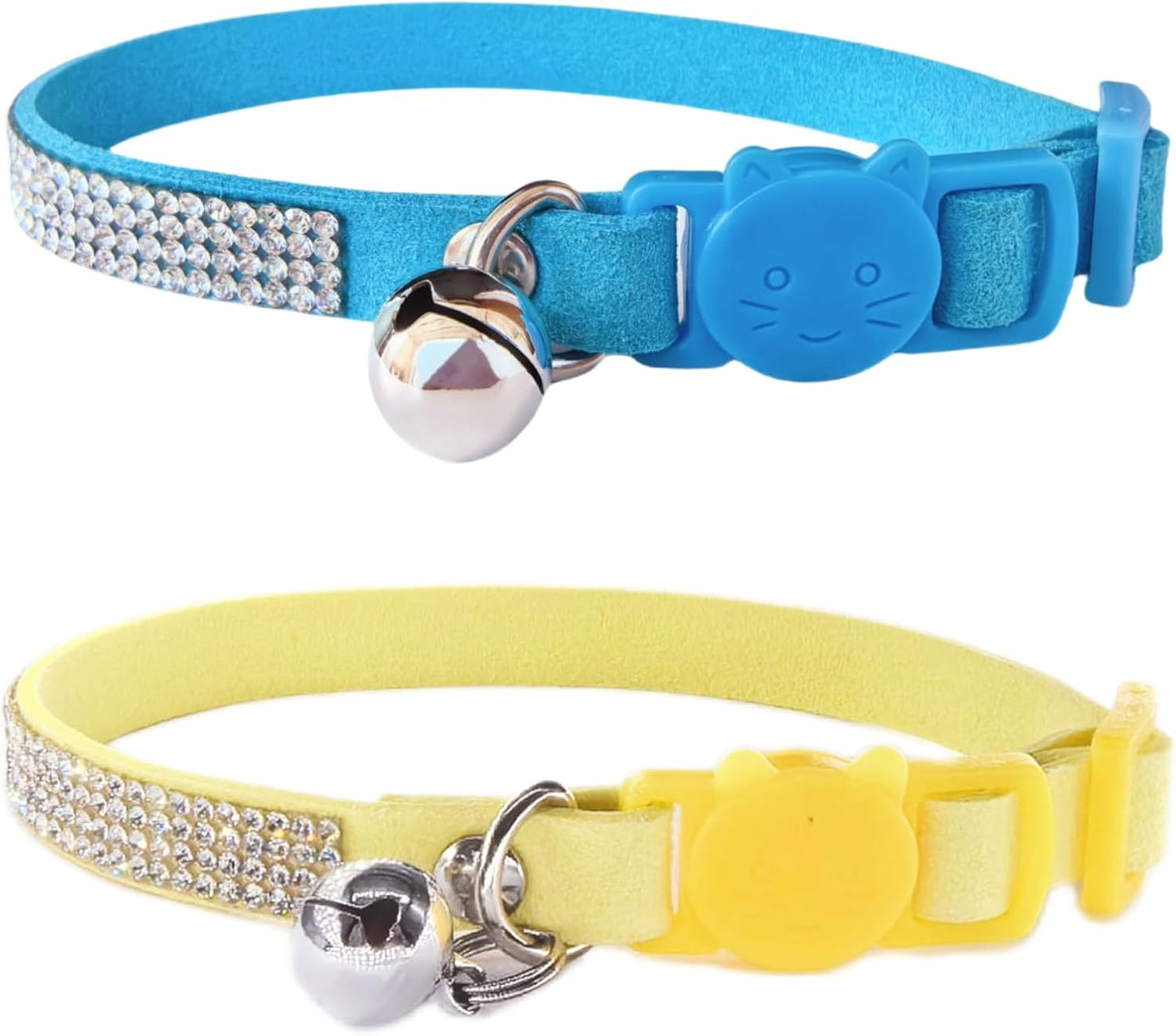 Pack of 2 Rhinestone Cat Collar Breakaway Safety Buckle with Bell, Adjustable Diamond Girl Boy Kitty Cute Comfy Collar for Kitten Small Pets Rabbits, 7.5"-11"