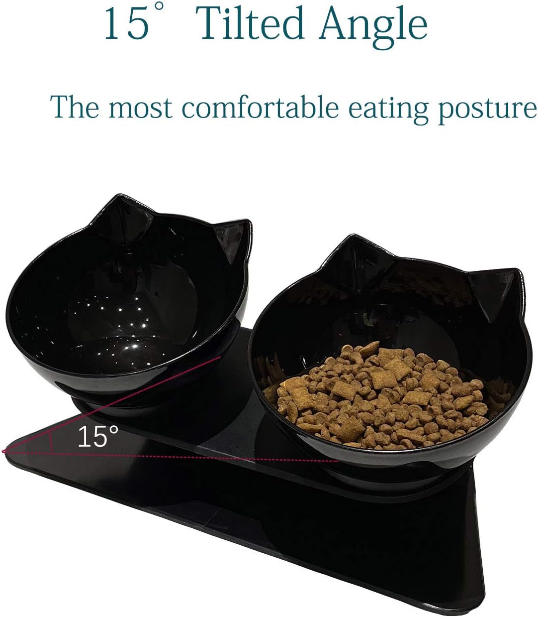 Luck Dawn Double Elevated Cat Bowls with Raised Stand, 15 Tilted cat Bowl Design Neck Guard Stand Raised Pet Food Water Feeder Bowl for Cats or Small Dogs
