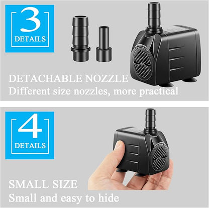 Submersible Pump, Small Fountain Pump with Tubing, Submersible Water Pump for Aquarium Fish Tank Indoor or Outdoor Pond Fountain Hydroponics Statuary (10W 160GPH, No Led Light)