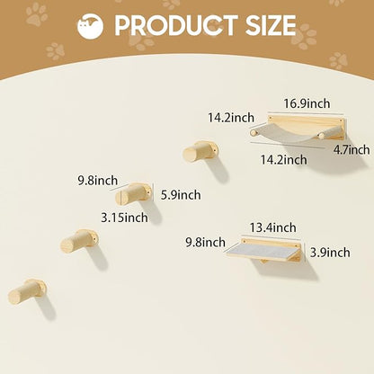 MeowHomm Cat Wall Shelves, Wooden Cat Wall Furniture Includes 4 Scratching Post Steps, Jumping Platform, Hammock for Kittens