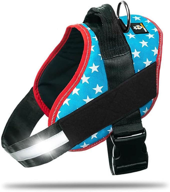 Non Pull Dog Harness with Patch Panels and Handle, Adjustable, Reflective, No Choke, Heavy Duty Easy On Service Dog Vest Harnesses for Medium Large Small Sized Dogs - Light Blue, 2XL