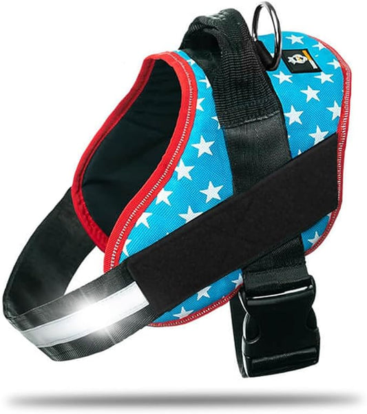 Non Pull Dog Harness with Patch Panels and Handle, Adjustable, Reflective, No Choke, Heavy Duty Easy On Service Dog Vest Harnesses for Medium Large Small Sized Dogs - Light Blue, 2XL