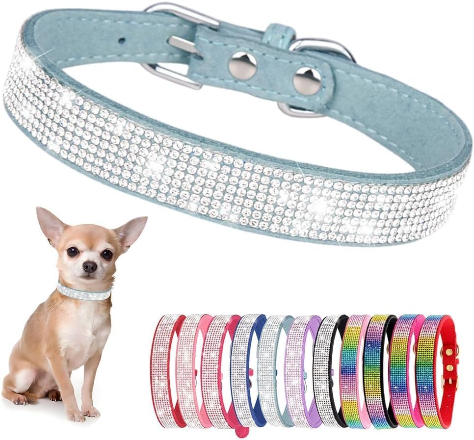 Serijoars Small Dog Collar with Rhinestone Crystal Diamond Colorful Bling Girl Puppy Cat Collars (M, Light Blue)