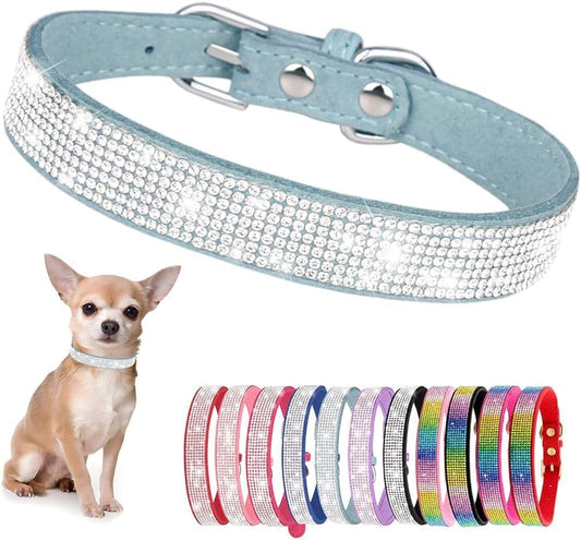Serijoars Small Dog Collar with Rhinestone Crystal Diamond Colorful Bling Girl Puppy Cat Collars (L, Light Blue)
