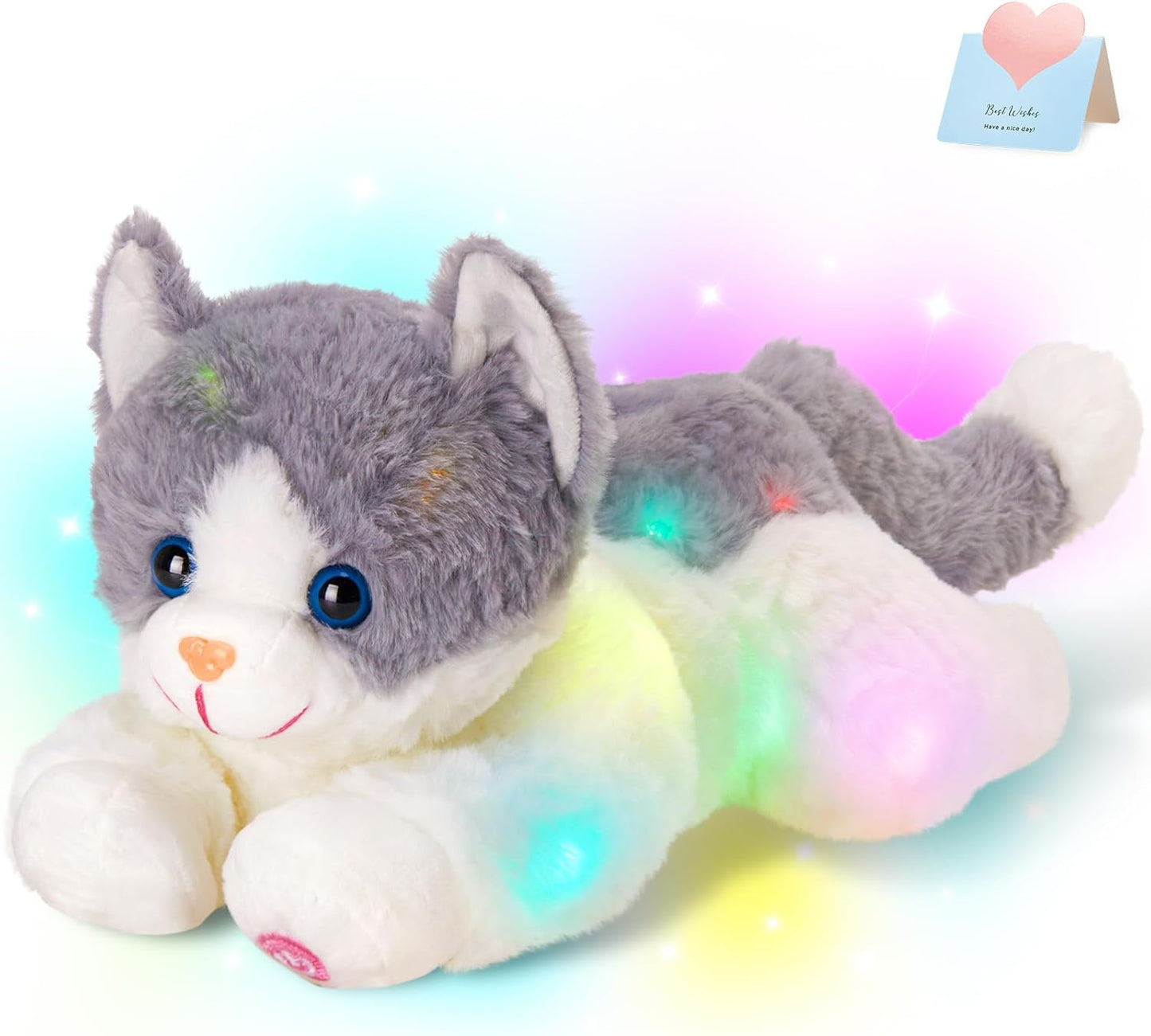 Houwsbaby 15" Gray Light up Kitty Stuffed Animal Cat Floppy LED Plush Toy Kitten Night Lights Glow Pillow Birthday Festival Christmas Halloween Presents for Kids Toddler Girls
