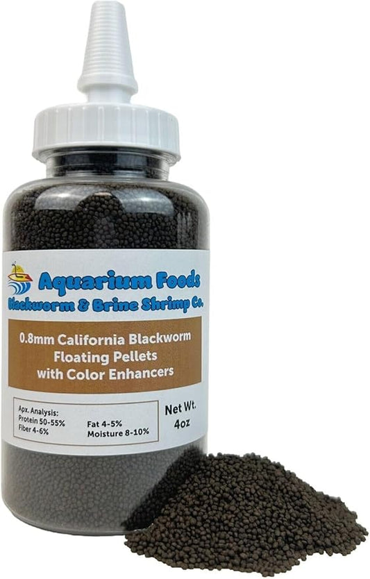 Aquatic Foods Inc. 0.8mm Micro California Blackworm Floating Pellets w/Color Enhancers & Vitamins for Guppies, Tetras, Bettas, Nano Fish, All Baby Fish…4oz Squeeze Bottle