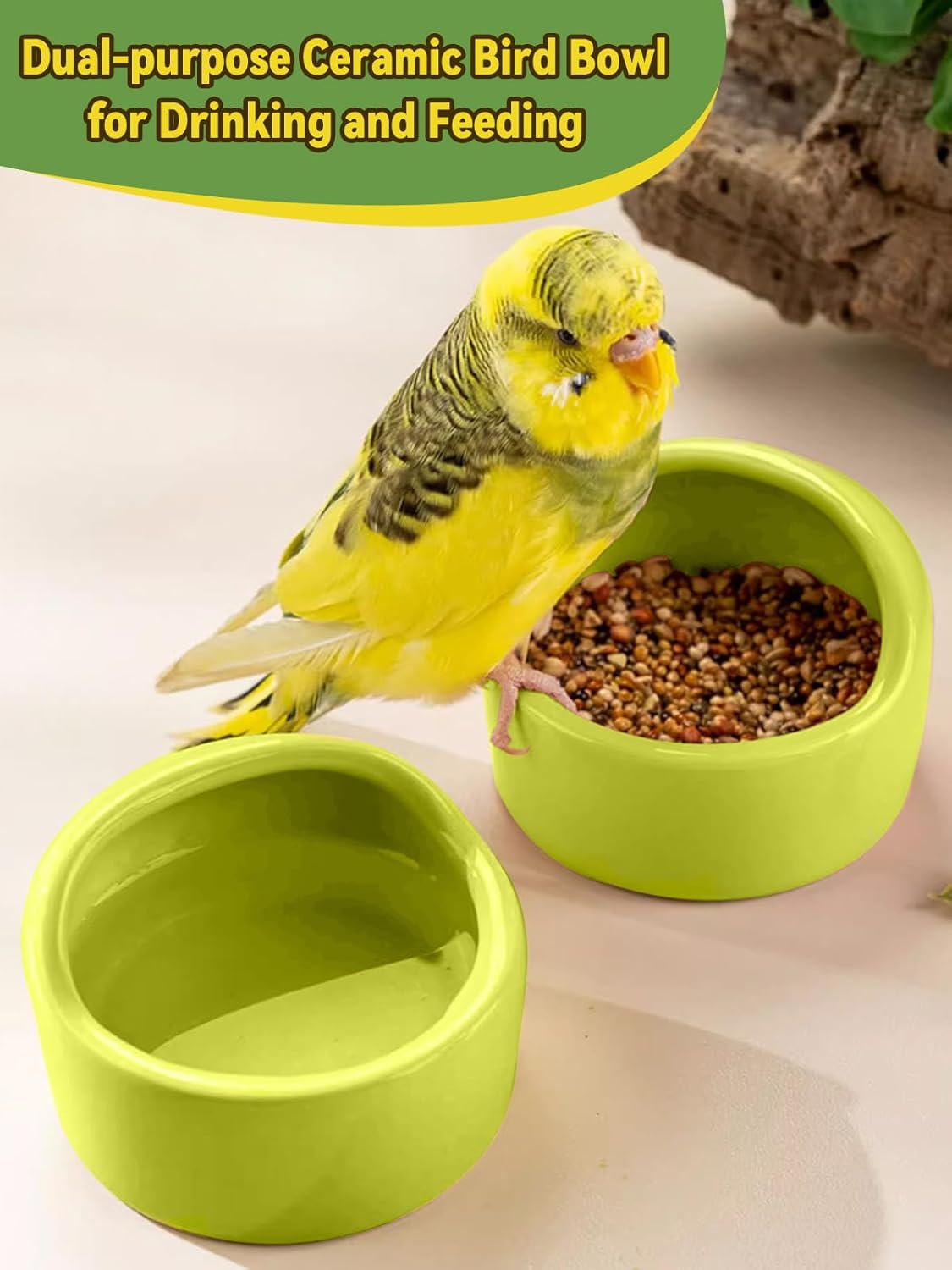 2 Pcs Ceramic Bird Food Bowls Parakeet Cage Water Bowl Birds Feeding Dish Parrot Water Feeder for Cage with 2 Plastic Feeding Clips for Parakeets Conure Cockatiels Lovebird Budgie (Green)