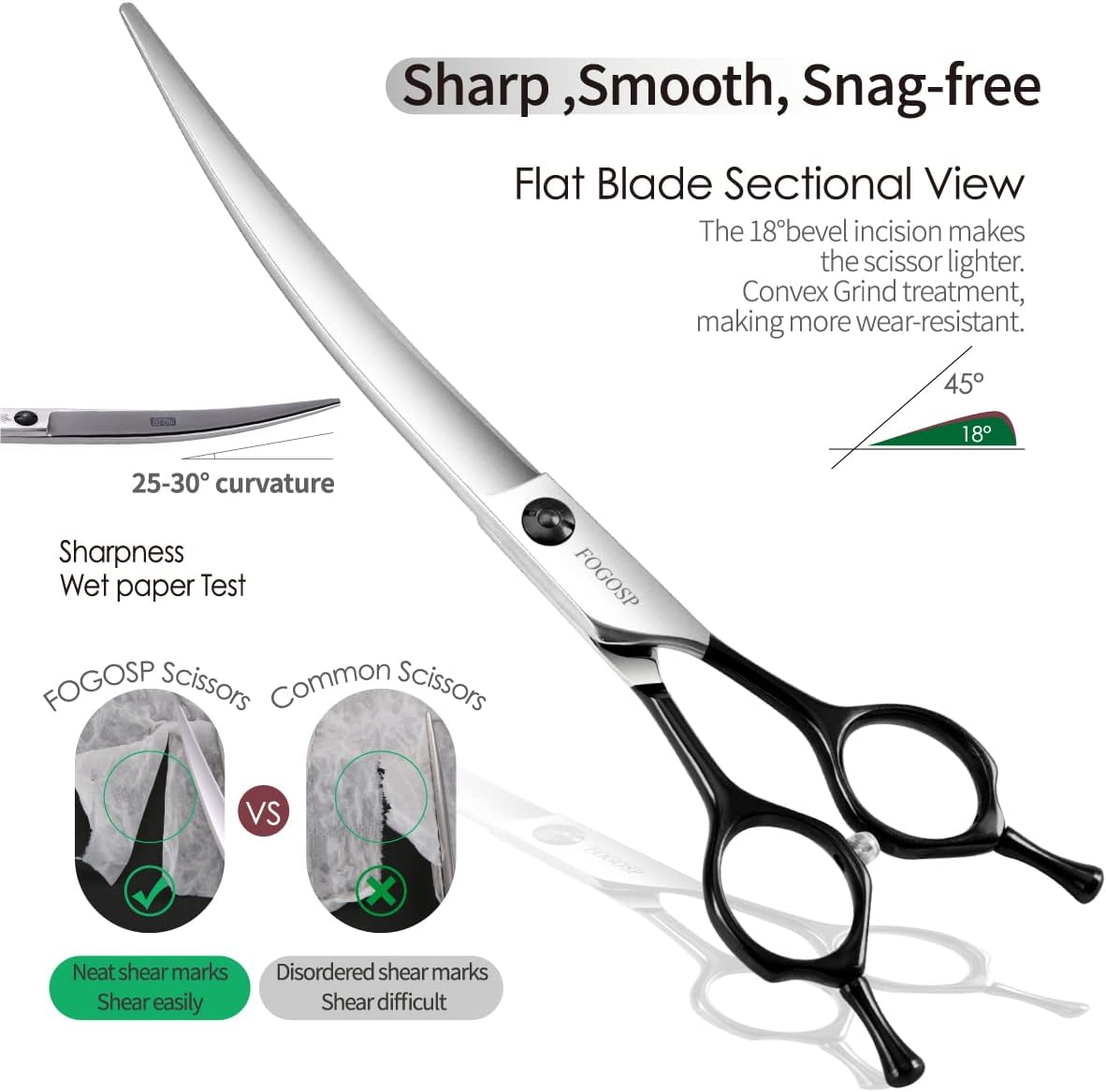Curved Dog Grooming Scissors Professional 7" Grooming Shears for Dogs Pet Right Handed Groomer Japan 440C Stainless Steel (7 in Curved, Black)