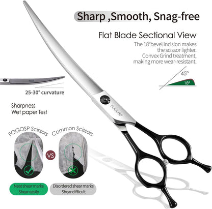 Curved Dog Grooming Scissors Professional 7" Grooming Shears for Dogs Pet Right Handed Groomer Japan 440C Stainless Steel (7 in Curved, Black)