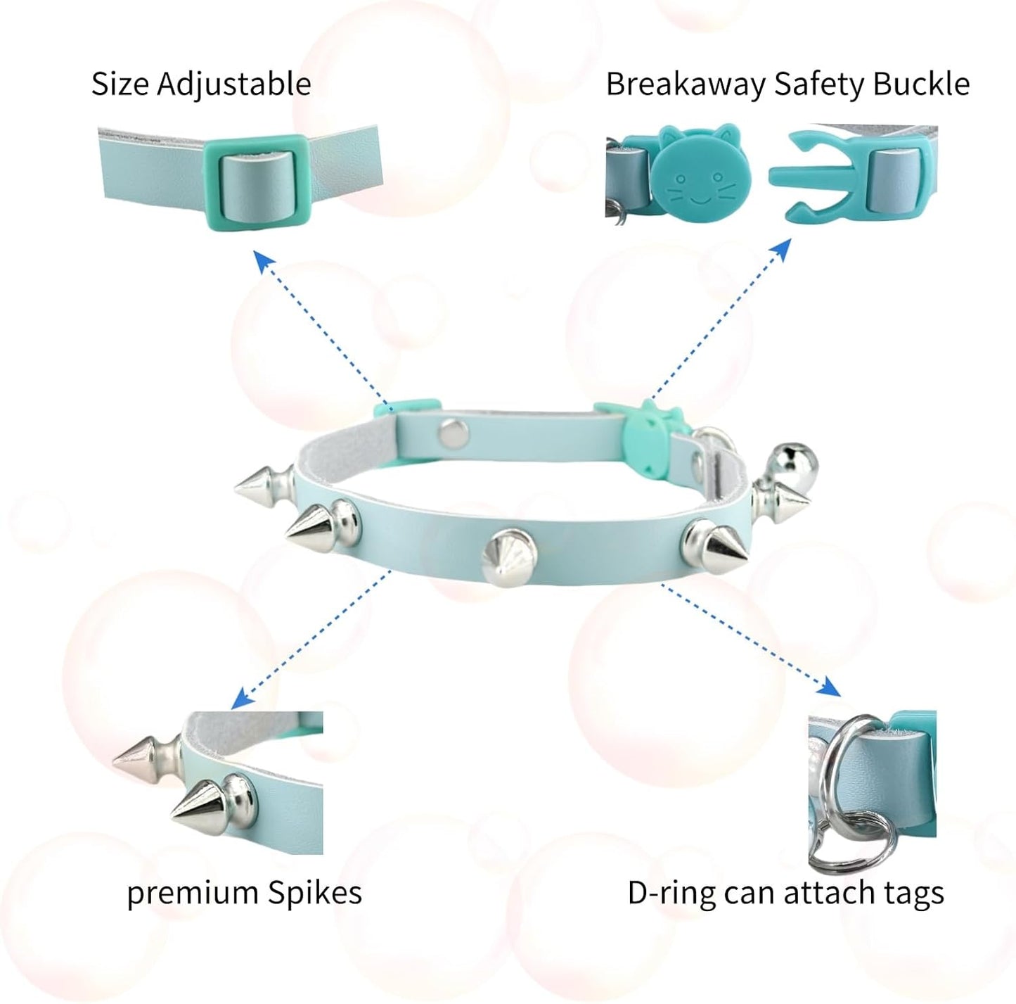 Spiked Cat Collar with Bells, Breakaway Genuine Leather Protective Collar for Kitty, Studs Spikes Punk Style Adjustable for Girl Boy Kittens Small Bunny Rabbit, 10"-12" Blue