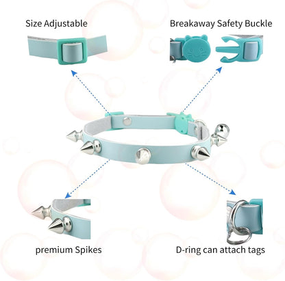 Spiked Cat Collar with Bells, Breakaway Genuine Leather Protective Collar for Kitty, Studs Spikes Punk Style Adjustable for Girl Boy Kittens Small Bunny Rabbit, 10"-12" Blue