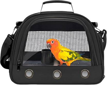 Bird Backpack,with Feeder Cups Tray Perch Portable Breathable Bird Carrier,for Small Birds Parrots Cockatiels (Black)