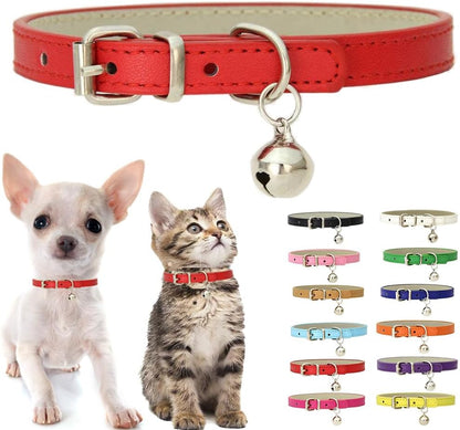 Red Kitten Collar with Bell, Soft Pu Leather Small Dog Collars Adjustable Buckle for XXS XS Extra Small Medium Tiny Female Male Boys Girls Pets Puppy Cats Teacup Yorkie XX-Small