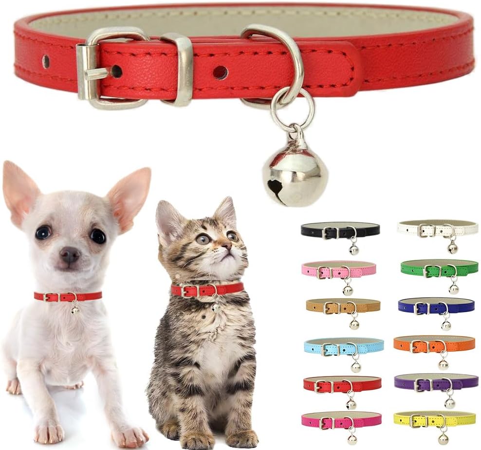 Red Puppy Collar with Bell, Soft Pu Leather Cat Collars Adjustable Buckle for XXS XS Extra Small Medium Tiny Female Male Boys Girls Pets Dogs Kitten Teacup Yorkie S