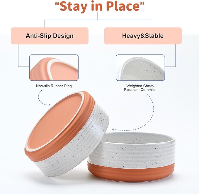 SPUNKYJUNKY Ceramic Dog Bowls 2 Pack, 8.3'' Dog Food Water Double Feeding Bowls Non-Slip for Large Sized Breed Microwave Dishwasher Safe - 60 OZ, 2pcs, Pattern White