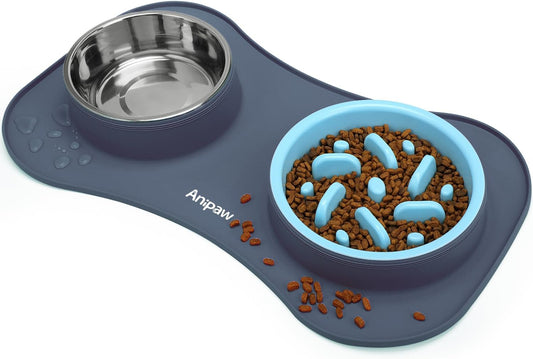 Slow Feeder Dog Bowls 3 in 1 Stainless Steel Dog Food and Water Bowls with Non-Spill and Non-Skid Silicone Mat to Slow Down Eating for Large Medium Small Breed Size Dogs and Cats (Light Grey)