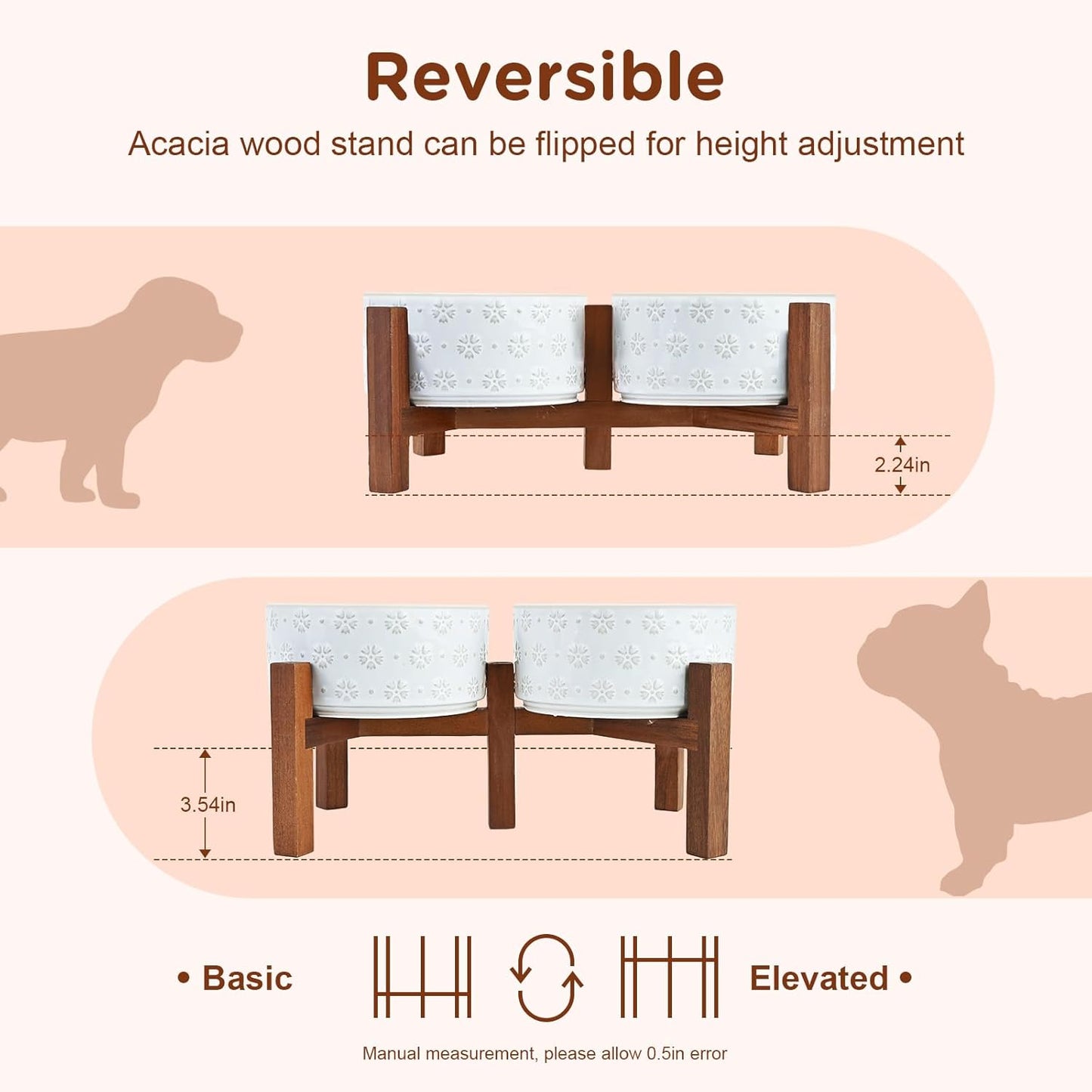 SPUNKYJUNKY Ceramic Dog Bowls with Acacia Wood Stand Raised Food and Water Bowl for Small Medium Sized Dog (Deep, 15.5cm)