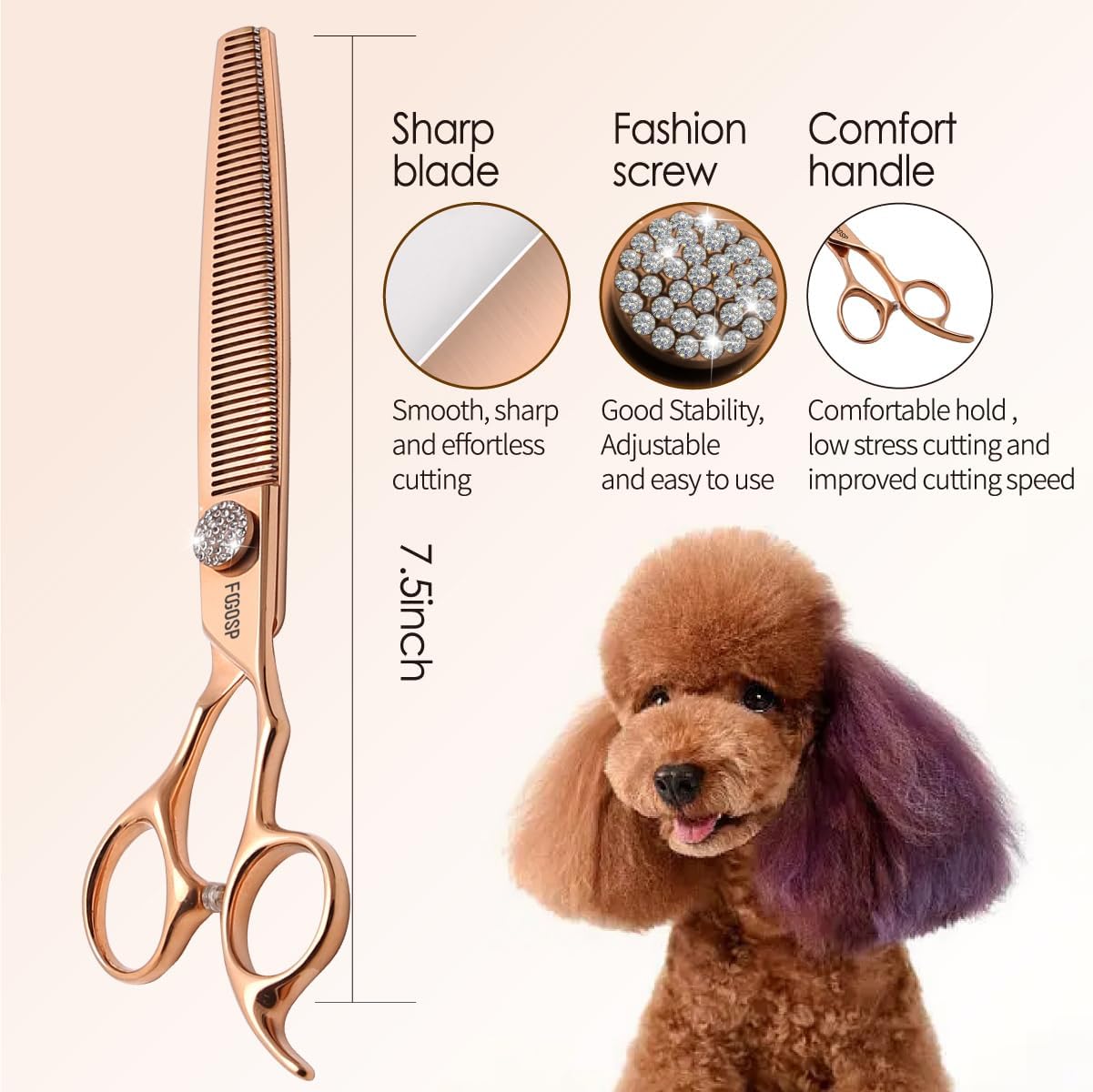 Rose Gold Titanium Thinning Shears for Dogs 50 Teeth 7.5'' Professional Blending Thinner Scissors for Dog Poodle Pet Japanese 440C Sharp and Durable Right Handed(7.5,Thinner)