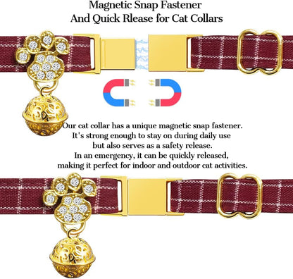 Personalized Breakaway Cat Collars - Magnetic Buckle, Bell - Safety Quick Release, Customized for Girls & Boys Cats- (Checkered-Red)