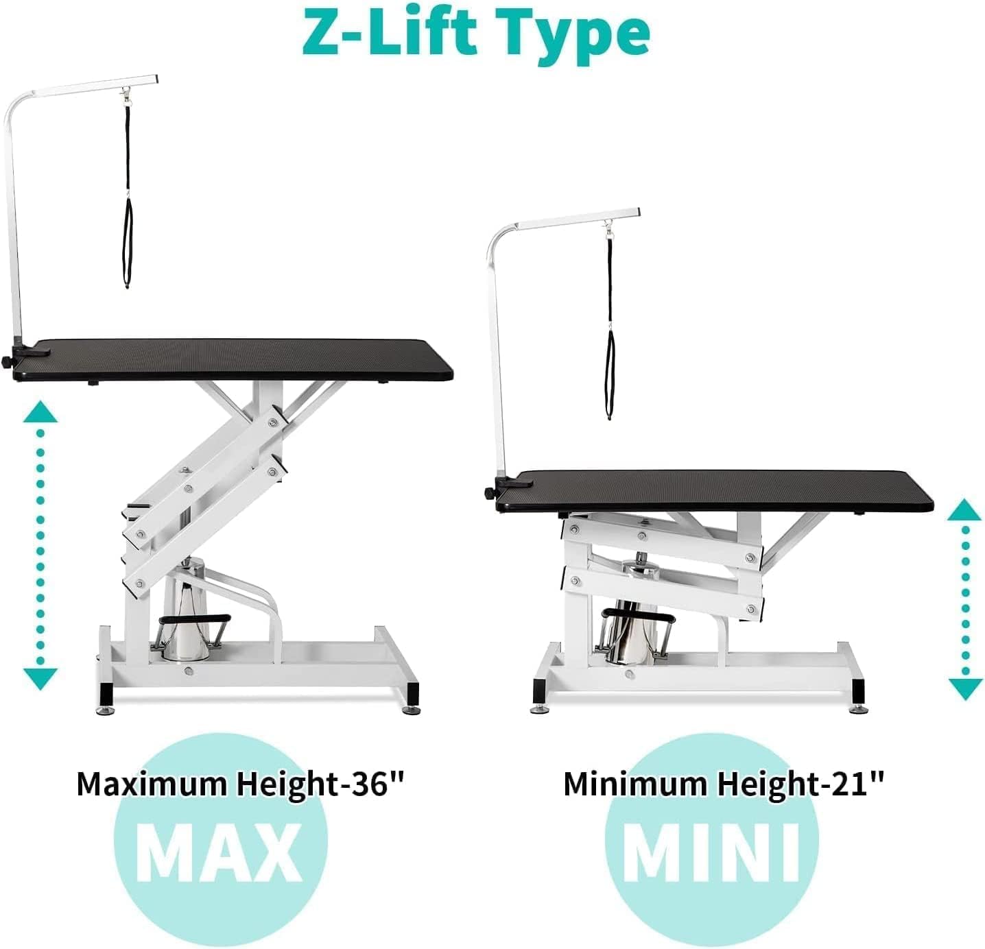 42.5" Hydraulic Dog Grooming Table for Large Dogs Heavy Duty Height Adjustable Dog Grooming Table with Overhead Arm & Noose Height Range 21-36 inch Black