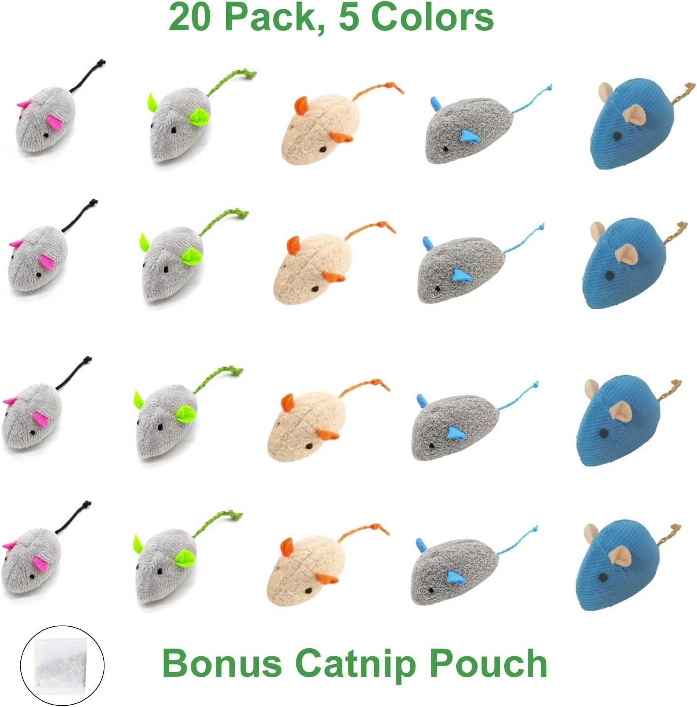 Cat Toys Mice for Bored Indoor Cats, 20 Pack Plush Mice with Catnip Smell and Bonus Pouch, Interactive Mouse Toy for Adult and Kitten (20 Pack Catnip Toys (5 Colors, 4 of Each Color))