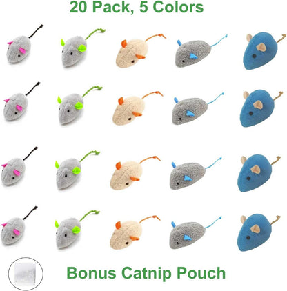 Cat Toys Mice for Bored Indoor Cats, 20 Pack Plush Mice with Catnip Smell and Bonus Pouch, Interactive Mouse Toy for Adult and Kitten (20 Pack Catnip Toys (5 Colors, 4 of Each Color))