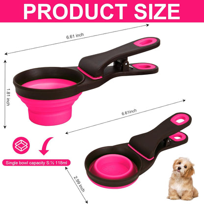 Collapsible Silicone Dog Food Scoop Foldable Pet Food Measuring Cup with Bag Clip 3 in 1 Multi-Function Silicone Dog Food Scooper (Rose Red, Small)