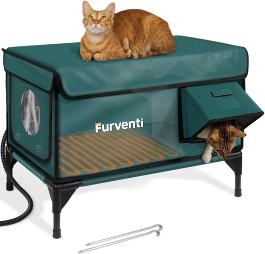 Outdoor Heated Cat House in Winter,Extremely Insulated & Weatherproof,Elevated Feral Cat Shelter with Waterproof Eaves & Escape Door for Outside Stray Barn Cat (Dark Green,M)