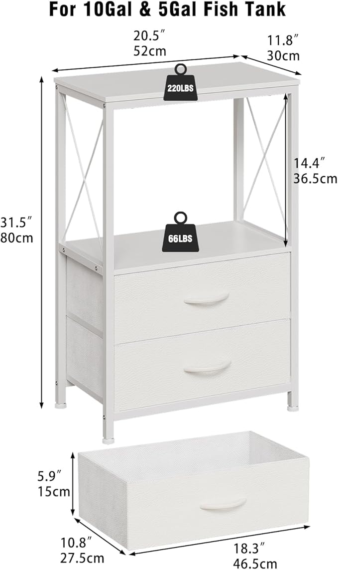 Fish Tank Stand 10 Gallon with 2-Tier Shelf, Aquarium Stand with 2 Drawers, Metal Frame Heavy Duty Reptile/Turtle Tank Stand for Home Office, Fish Tanks Accessories Storage, White