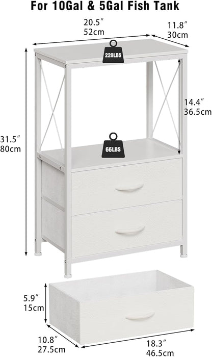 Fish Tank Stand 10 Gallon with 2-Tier Shelf, Aquarium Stand with 2 Drawers, Metal Frame Heavy Duty Reptile/Turtle Tank Stand for Home Office, Fish Tanks Accessories Storage, White