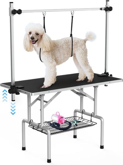 Lyromix 42''Large Dog Grooming Table, Adjustable Cat Drying Desktop with Arms, Nooses, Mesh Tray, Foldable Pet Station at Home, Maximum Capacity Up to 330Lb, 42inch, Black