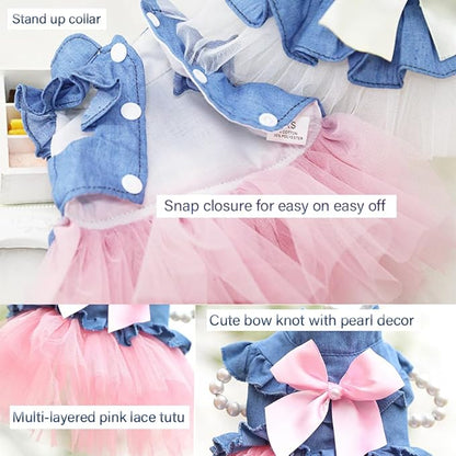 ANIAC Pet Denim Dress with Cute Bow-Knot Comfy Vest Skirt Lace Trim Tutu Summer Spring Clothes for Cats and Small Dogs (Medium)