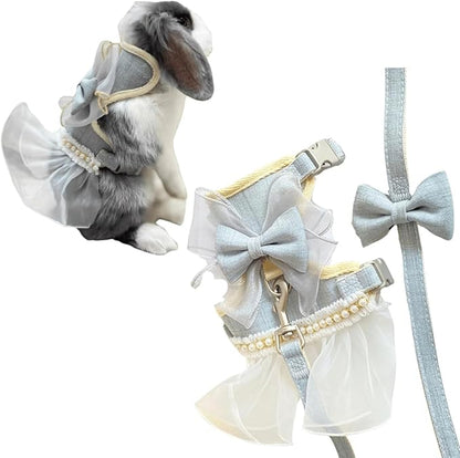 Rabbit Harness and Leash for Walking Escape Proof - Cute Skirt Mesh Breathable Bunny Vest Harness Outdoor Camping Hiking Training - Also Suit for Small Animals (Grey,S)