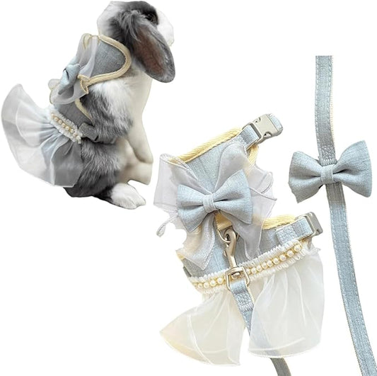 Rabbit Harness and Leash for Walking Escape Proof - Cute Skirt Mesh Breathable Bunny Vest Harness Outdoor Camping Hiking Training - Also Suit for Small Animals (Grey,S)