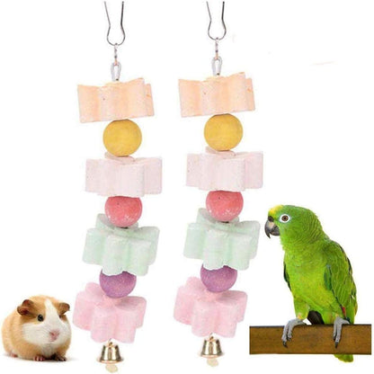 Hamiledyi 2Pieces Parrot Beak Trimmer Calcium Stone Chinchilla Grinding Teeth Lava Block Bird Beak Trim Pumice Toy Mineral Rock Chewing Toys with Bell for Conure Budgies Parakeet Hamster Rabbit